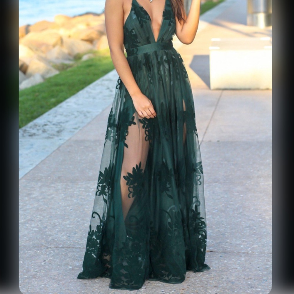 Hunter Green Floral Tulle Maxi Dress